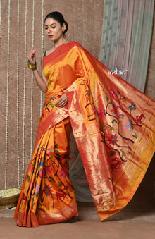  Tyohaar ~ Handloom Pure Silk Half Over Paithani Saree with Handcrafted Floral Deer Pallu ~ Bright Orange