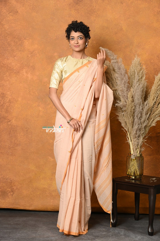 Mastaani ~ Handloom Pure Cotton Saree With Sleek Border - Light Peach