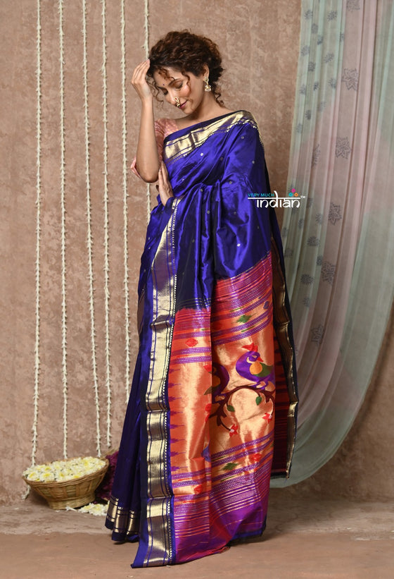 Tyohaar ~ Handloom Pure Silk Paithani Saree with Handcrafted Peacock Pallu ~ Royal Blue (By Government Certified Weavers)