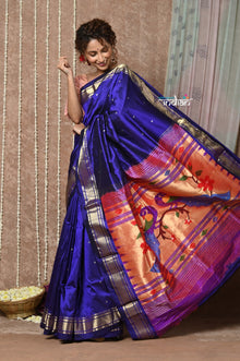  Tyohaar ~ Handloom Pure Silk Paithani Saree with Handcrafted Peacock Pallu ~ Royal Blue (By Government Certified Weavers)