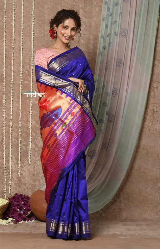 Tyohaar ~ Handloom Pure Silk Paithani Saree with Handcrafted Peacock Pallu ~ Royal Blue (By Government Certified Weavers)