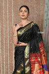 Tyohaar ~ Handloom Pure Silk Paithani Saree with Handcrafted Peacock Floral Pallu ~ Black (By Government Certified Weavers)