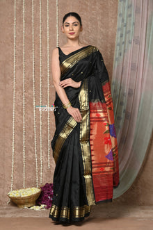  Tyohaar ~ Handloom Pure Silk Paithani Saree with Handcrafted Peacock Floral Pallu ~ Black (By Government Certified Weavers)