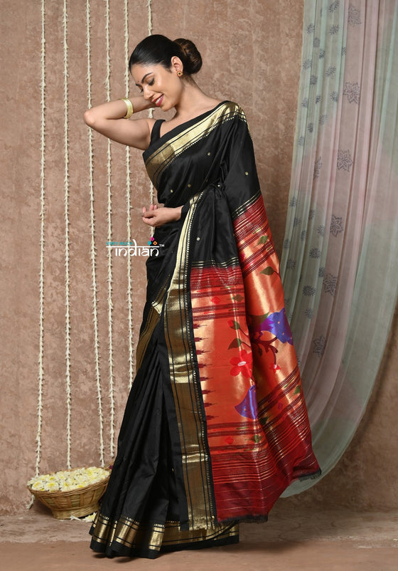 Tyohaar ~ Handloom Pure Silk Paithani Saree with Handcrafted Peacock Floral Pallu ~ Black (By Government Certified Weavers)