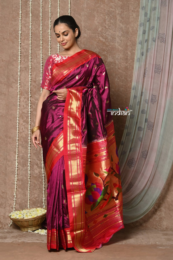 Tyohaar ~ Handloom Pure Silk Paithani Saree with Handcrafted Peacock Lotus Pallu ~ Wine (By Govt Certified Weavers)