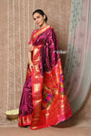 Tyohaar ~ Handloom Pure Silk Paithani Saree with Handcrafted Peacock Lotus Pallu ~ Wine (By Govt Certified Weavers)