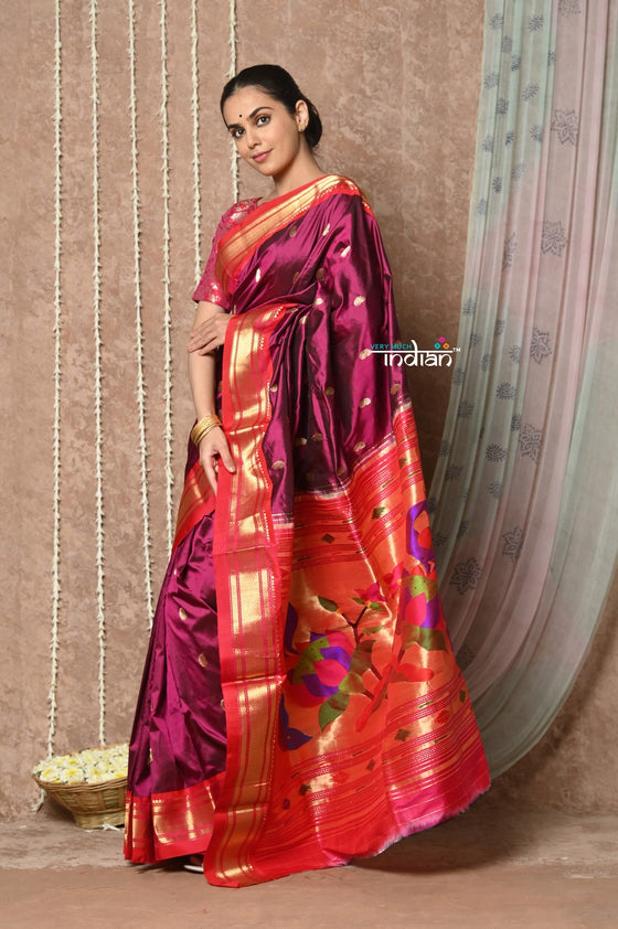 Tyohaar ~ Handloom Pure Silk Paithani Saree with Handcrafted Peacock Lotus Pallu ~ Wine (By Govt Certified Weavers)