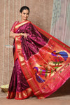 Tyohaar ~ Handloom Pure Silk Paithani Saree with Handcrafted Peacock Lotus Pallu ~ Wine (By Govt Certified Weavers)