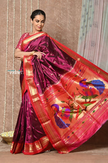  Tyohaar ~ Handloom Pure Silk Paithani Saree with Handcrafted Peacock Lotus Pallu ~ Wine (By Govt Certified Weavers)