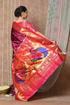 Tyohaar ~ Handloom Pure Silk Paithani Saree with Handcrafted Peacock Lotus Pallu ~ Wine (By Govt Certified Weavers)