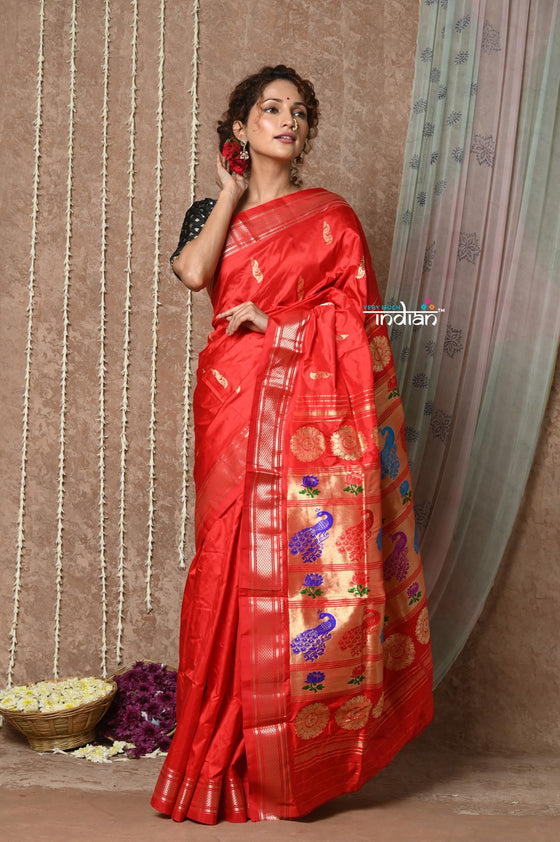 Tyohaar ~ Handloom Pure Silk  Maharani Paithani Saree with Handcrafted Peacock Lotus Pallu ~ Bright Red