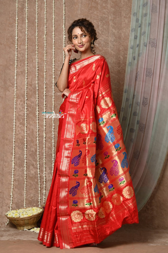 Tyohaar ~ Handloom Pure Silk  Maharani Paithani Saree with Handcrafted Peacock Lotus Pallu ~ Bright Red