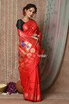 Tyohaar ~ Handloom Pure Silk  Maharani Paithani Saree with Handcrafted Peacock Lotus Pallu ~ Bright Red