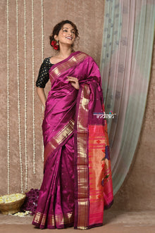  Tyohaar ~ Handloom Pure Silk Paithani Saree with Traditional Peacock Pallu ~ Royal Wine (By Government Certified Weavers)