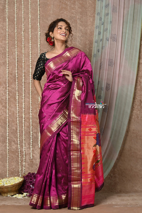 Tyohaar ~ Handloom Pure Silk Paithani Saree with Traditional Peacock Pallu ~ Royal Wine (By Government Certified Weavers)