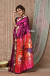 Tyohaar ~ Handloom Pure Silk  Maharani Paithani Saree with Handcrafted Peacock Floral Pallu ~ Blooming Wine