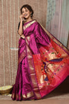 Tyohaar ~ Handloom Pure Silk  Maharani Paithani Saree with Handcrafted Peacock Floral Pallu ~ Blooming Wine