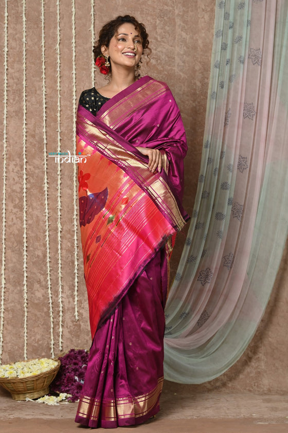 Tyohaar ~ Handloom Pure Silk Paithani Saree with Traditional Peacock Pallu ~ Royal Wine (By Government Certified Weavers)