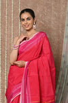 Tyohaar Handloom Cotton Viscose Ilkal Saree with Pure Resham Pallu - Bright Red with Pink Border