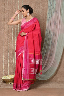  Tyohaar Handloom Cotton Viscose Ilkal Saree with Pure Resham Pallu - Bright Red with Pink Border