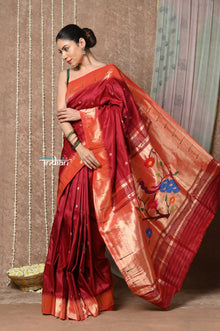  Tyohaar ~ Handloom Pure Silk Muniya Border Paithani Saree with Handcrafted Peacock Pallu ~ Vintage Maroon