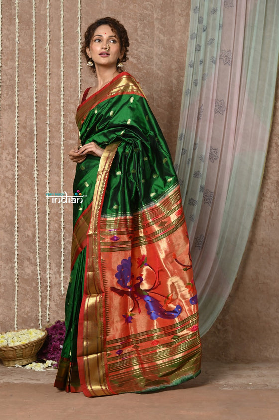 Tyohaar ~ Signature Weave! Handloom Pure Silk Paithani Saree with Handcrafted Peacock Pallu ~ Royal Green