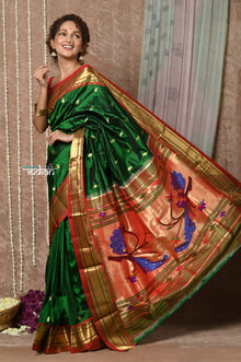  Tyohaar ~ Signature Weave! Handloom Pure Silk Paithani Saree with Handcrafted Peacock Pallu ~ Royal Green