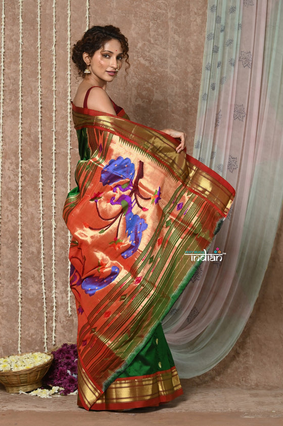 Tyohaar ~ Signature Weave! Handloom Pure Silk Paithani Saree with Handcrafted Peacock Pallu ~ Royal Green