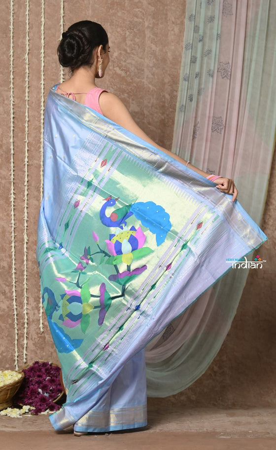 Tyohaar ~ Handloom Pure Silk Paithani Saree with Traditional Peacock Pallu ~ Spruce Blue