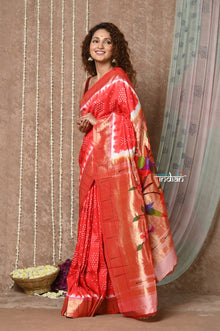  Tyohaar ~ Signature Weave! Handloom Pure Silk Muniya Border Paithani Saree with Bandhani Work Handcrafted Parrot Pallu ~ Red