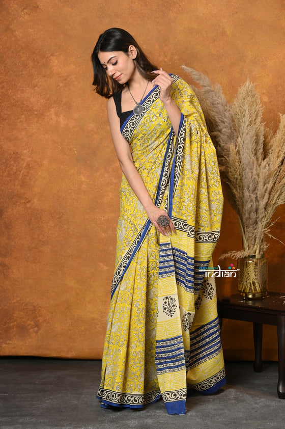 Mastaani ~ Handblock Printed Cotton Saree With Natural Dyes - Carlisle Yellow