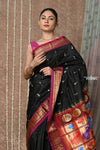 Tyohaar ~ Handloom Pure Silk Paithani Saree with Traditional Peacock Lotus Pallu ~  Black (By Government Certified Weavers)