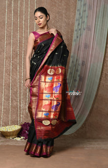 Tyohaar ~ Handloom Pure Silk Paithani Saree with Traditional Peacock Lotus Pallu ~ Black