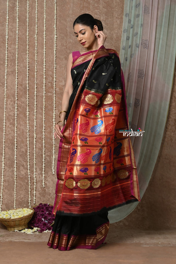 Tyohaar ~ Handloom Pure Silk Paithani Saree with Traditional Peacock Lotus Pallu ~  Black (By Government Certified Weavers)