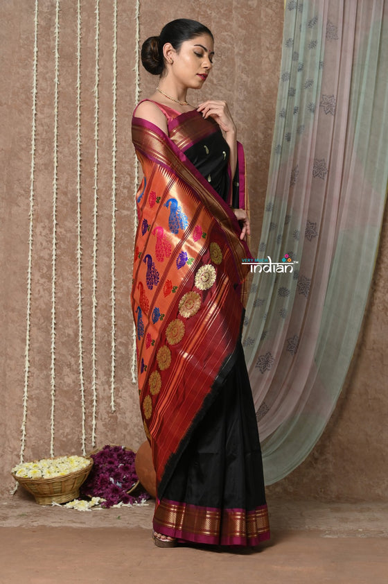 Tyohaar ~ Handloom Pure Silk Paithani Saree with Traditional Peacock Lotus Pallu ~  Black (By Government Certified Weavers)