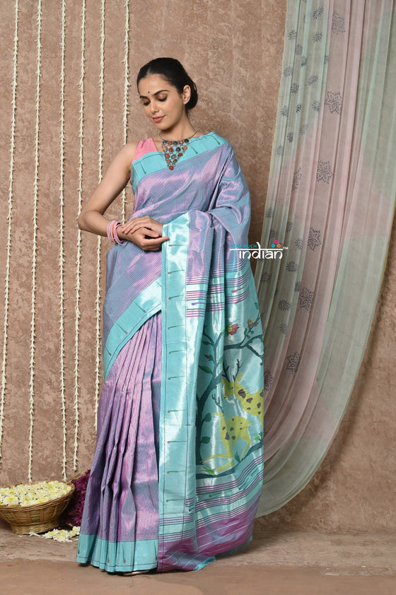 Tyohaar ~ Signature Weave! Handloom Pure Silk Brocade Muniya Border Paithani Saree with Handcrafted Deer Pallu ~ Dual Tone Pink Blue