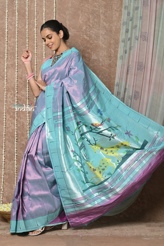 Tyohaar ~ Signature Weave! Handloom Pure Silk Brocade Muniya Border Paithani Saree with Handcrafted Deer Pallu ~ Dual Tone Pink Blue