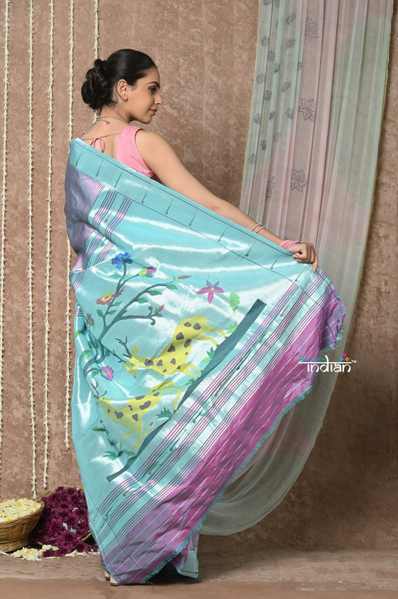 Tyohaar ~ Signature Weave! Handloom Pure Silk Brocade Muniya Border Paithani Saree with Handcrafted Deer Pallu ~ Dual Tone Pink Blue