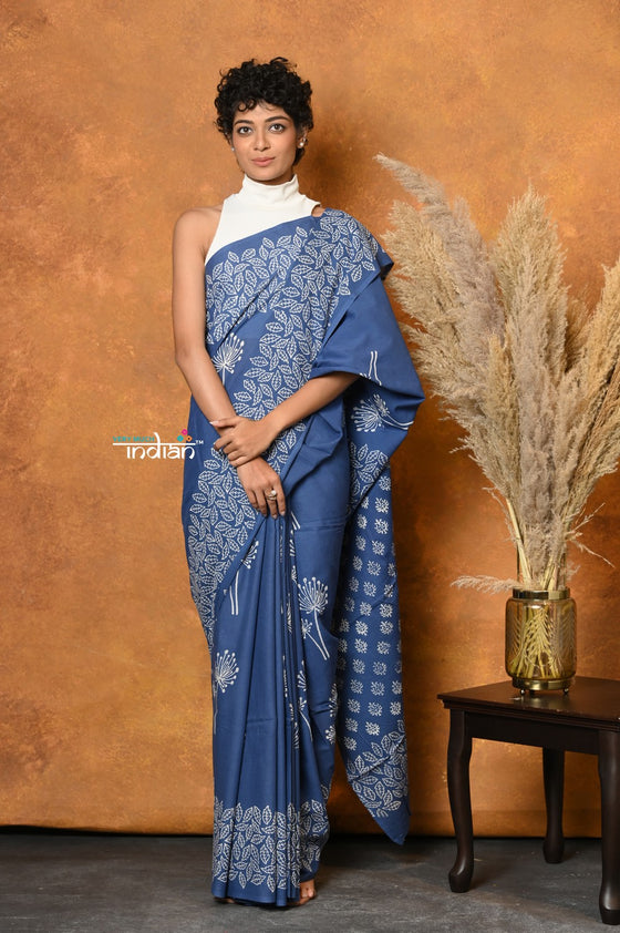 Mastaani ~ Handblock Printed Cotton Saree With Natural Dyes - Cyan Blue