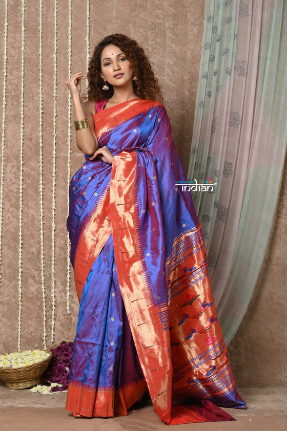 Tyohaar ~ Handloom Pure Silk Muniya Border Paithani Saree with Traditional Double Pallu Pallu ~ Starlight Violet