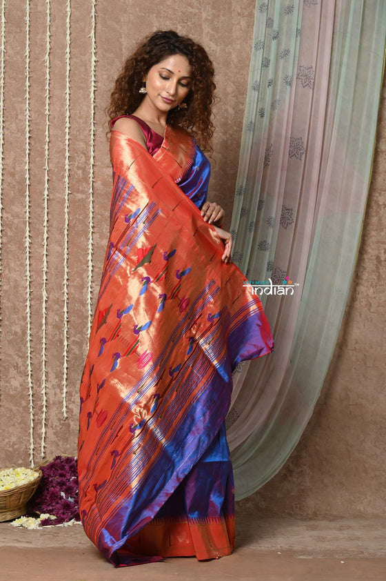 Tyohaar ~ Handloom Pure Silk Muniya Border Paithani Saree with Traditional Double Pallu Pallu ~ Starlight Violet