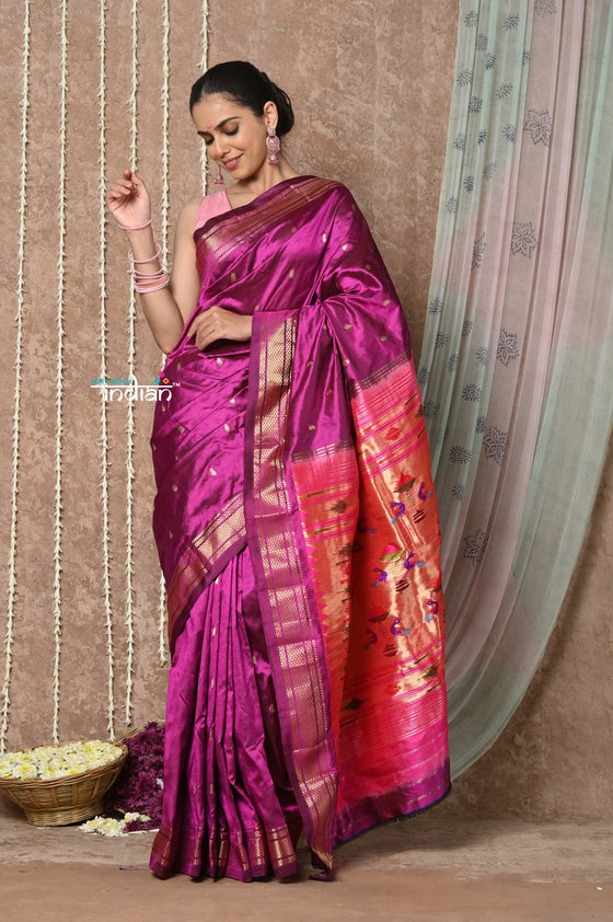 Tyohaar ~ Handloom Pure Silk Paithani Saree with Traditional Double Pallu ~ Wine (By Government Certified Weavers)