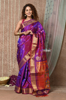  Tyohaar ~ Chandrakala: Handloom Pure Silk Paithani Saree with Traditional Maharani Pallu ~ Dual Tone Purple