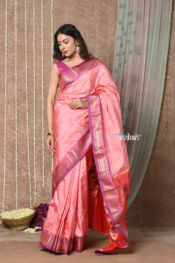 Tyohaar ~ Exclusive! Handloom Pure Silk Paithani with Heritage Asawali Pallu ~ Peach Mauve (By Government Certified Weavers)