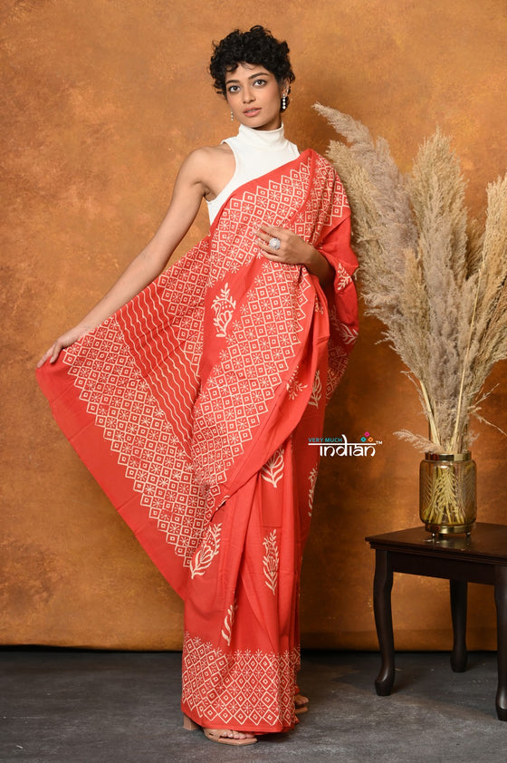 Mastaani ~ Handblock Printed Cotton Saree With Natural Dyes - Light Peach