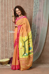 Tyohaar ~ EXCLUSIVE! Handloom Pure Cotton Paithani With Narayali Border & Traditional Radha Krishna Pallu in Orange