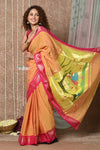 Tyohaar ~ EXCLUSIVE! Handloom Pure Cotton Paithani With Narayali Border & Traditional Radha Krishna Pallu in Orange