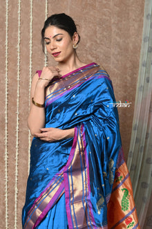  Tyohaar ~ Handloom Pure Silk Paithani Saree with Traditional Peacock Lotus Pallu ~ Gleamng Blue