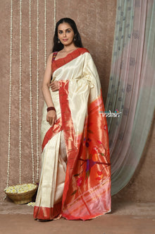  Tyohaar ~ Handloom Pure Silk Muniya Paithani Saree with Traditional Parrot Pallu ~ White