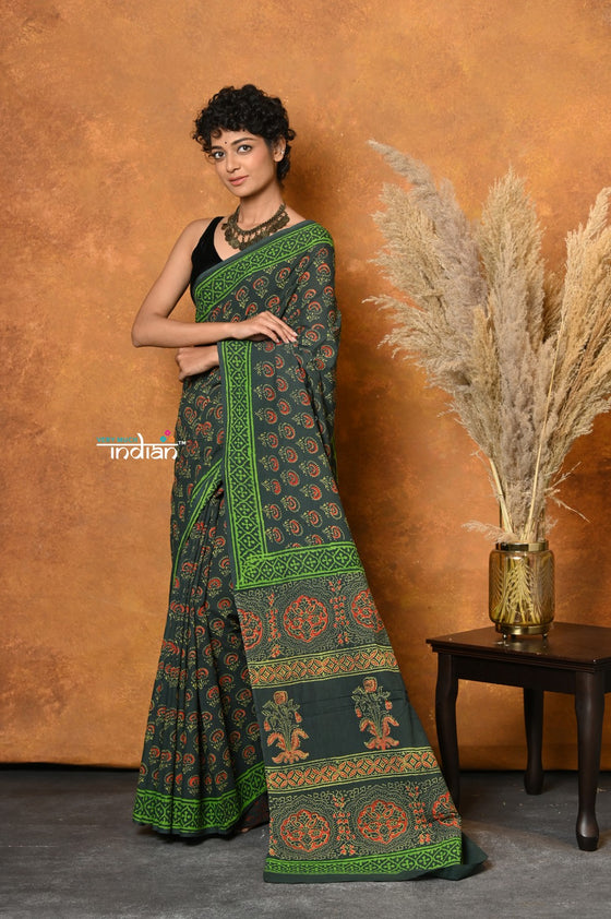 Mastaani ~ Handblock Printed Cotton Saree With Natural Dyes - Green